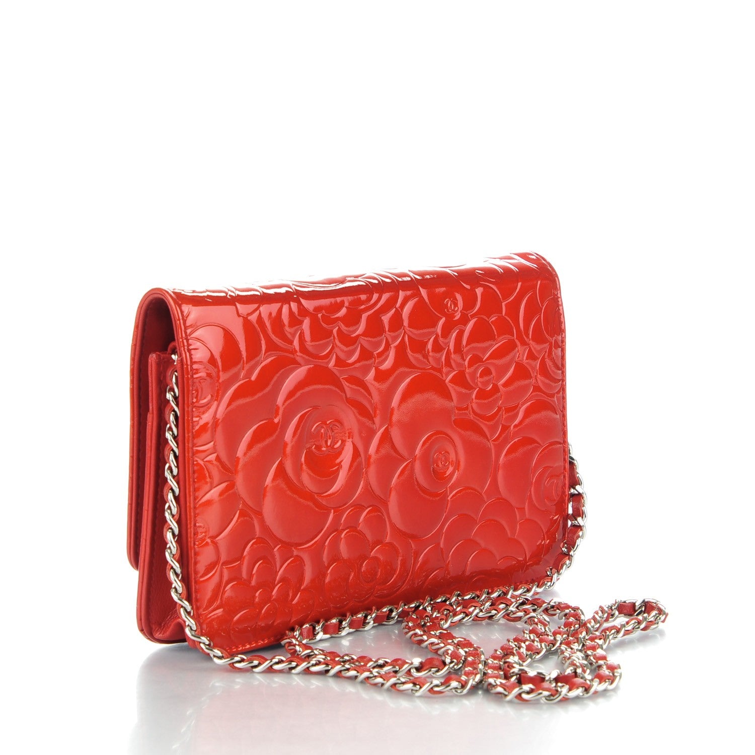 Chanel Patent Camellia Embossed Wallet On Chain WOC Dark Red 3 of 8