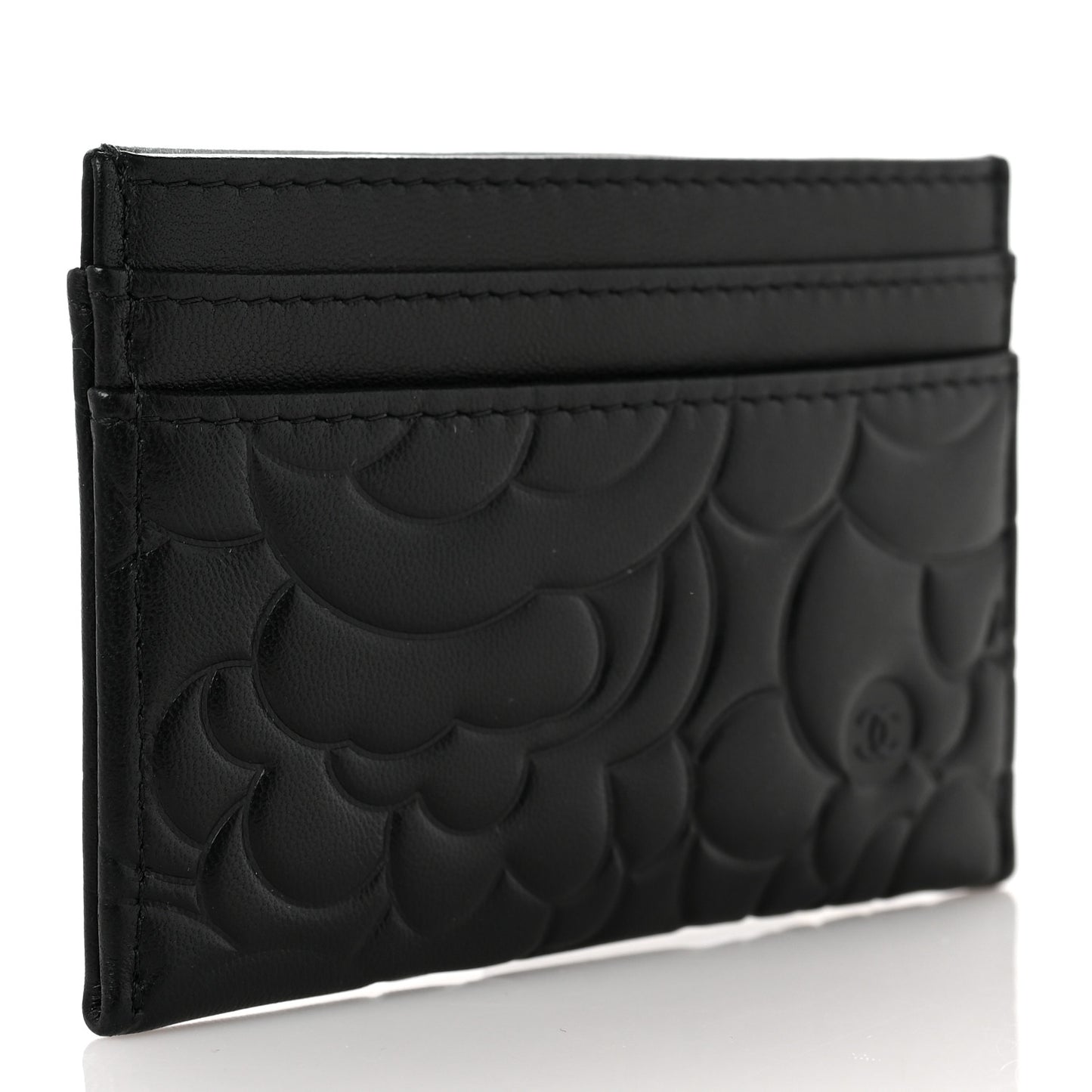 Lambskin Camellia Embossed Card Holder Black