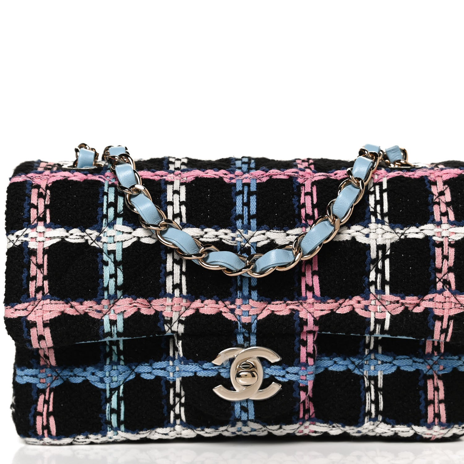 Chanel Tweed Quilted Mini Rectangular Flap Black Pink Blue Ecru 8 of 11