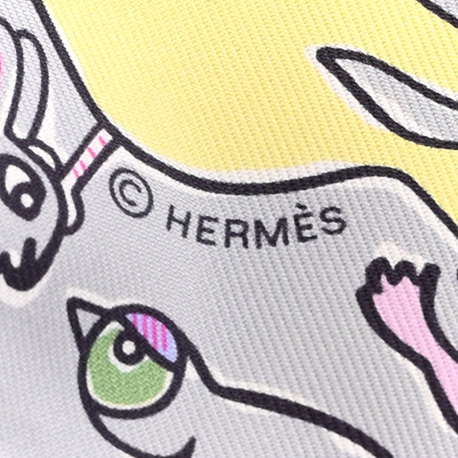 Hermes Silk Mille Et Un Lapins Twilly Gris Perle Rose Jaune 4 of 4