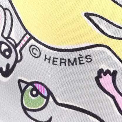 Hermes Silk Mille Et Un Lapins Twilly Gris Perle Rose Jaune 4 of 4