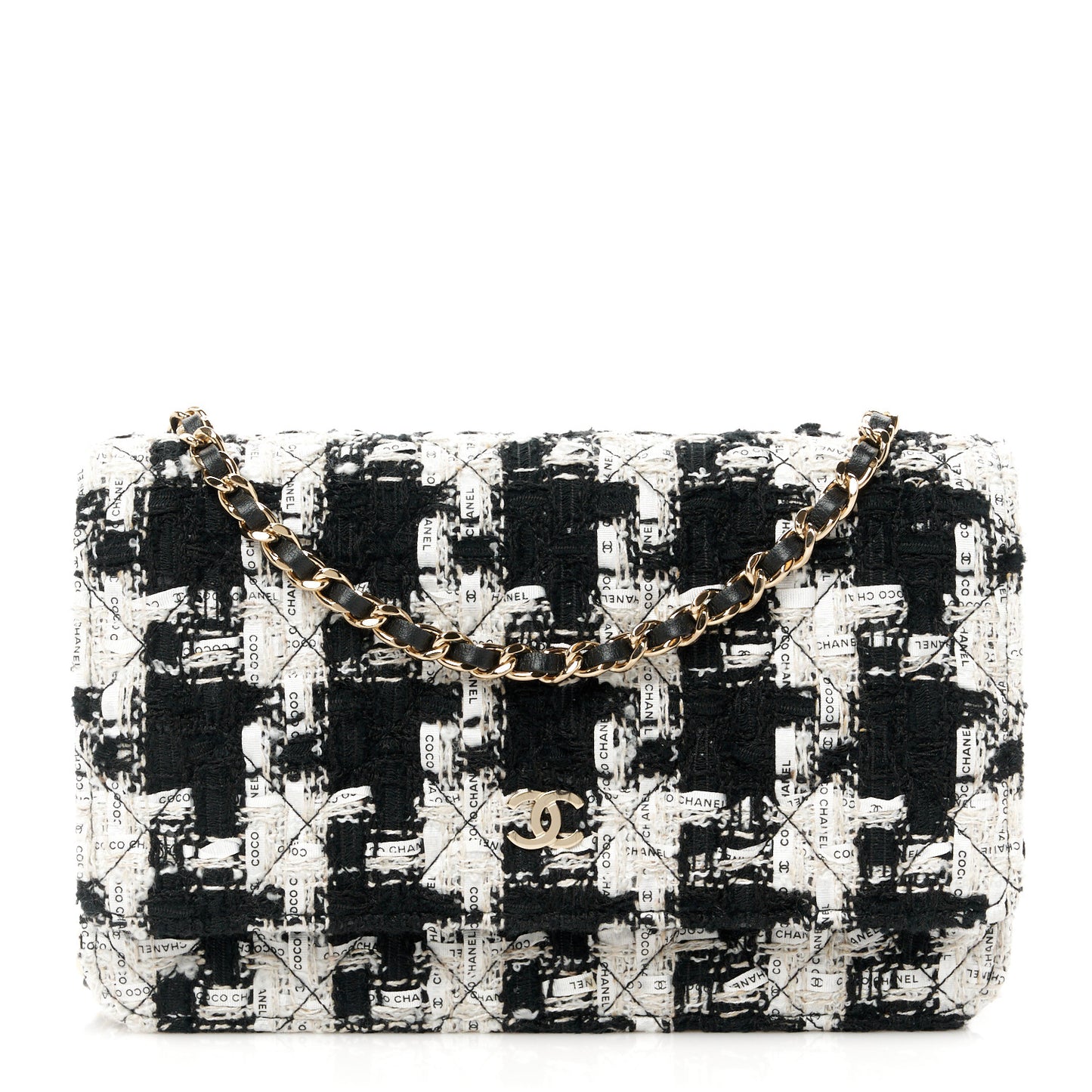 Tweed Quilted Wallet On Chain WOC Black Ecru White