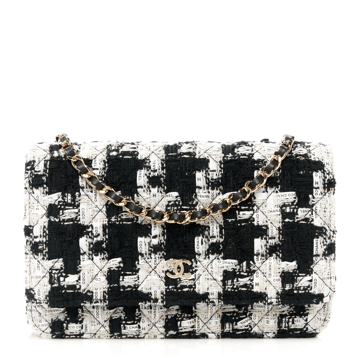 Chanel Tweed Quilted Wallet On Chain WOC Black Ecru White 1 of 12