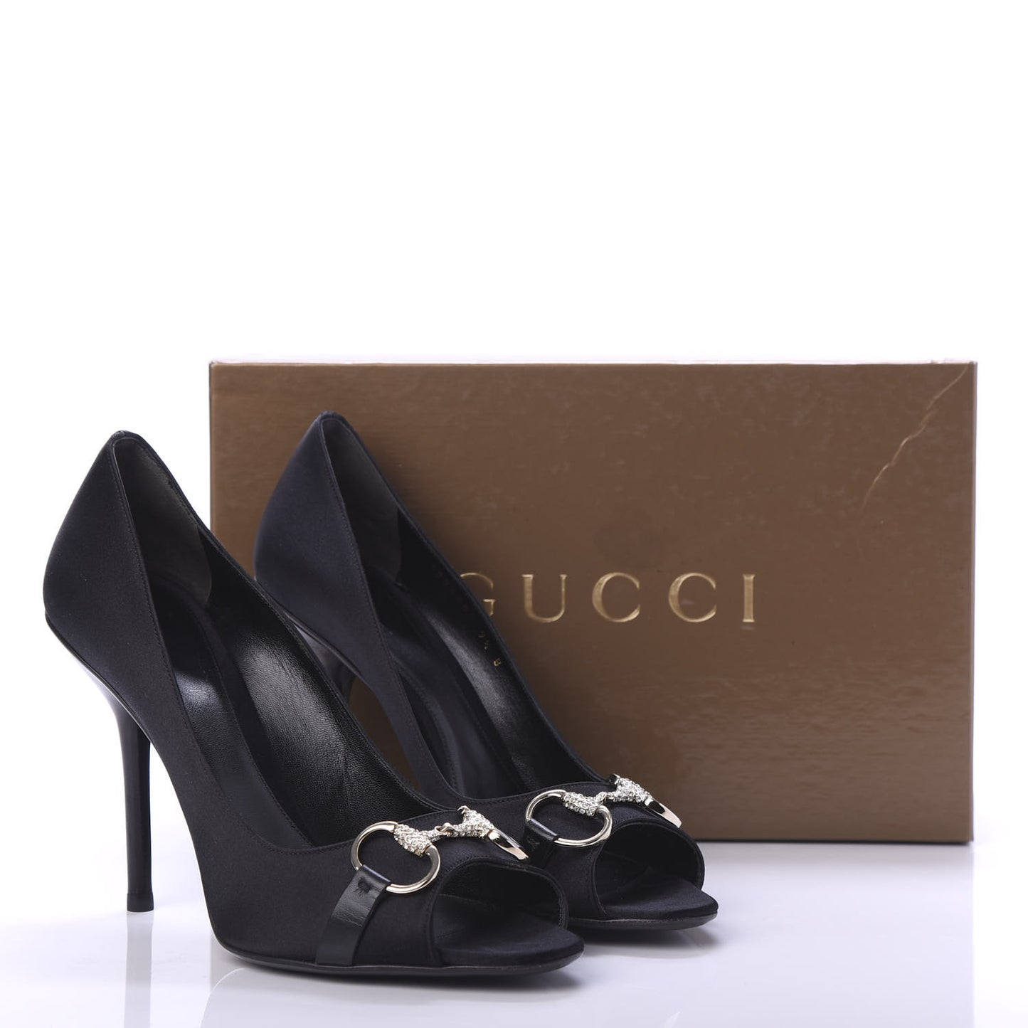 Satin Crystal Peep Toe Pumps 9.5 Black