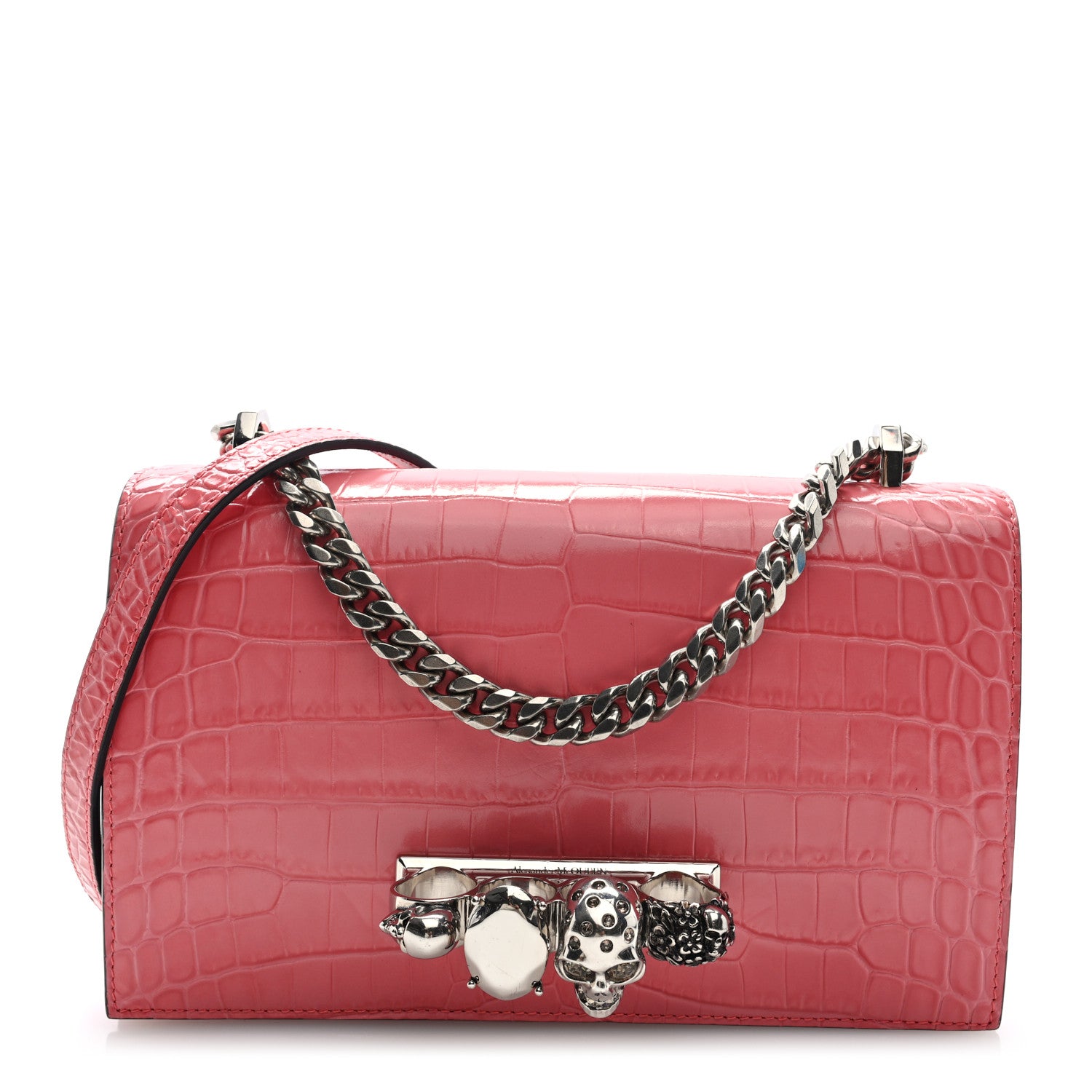 Alexander McQueen Shiny Crocodile Embossed Jeweled Satchel Pink 1 of 9