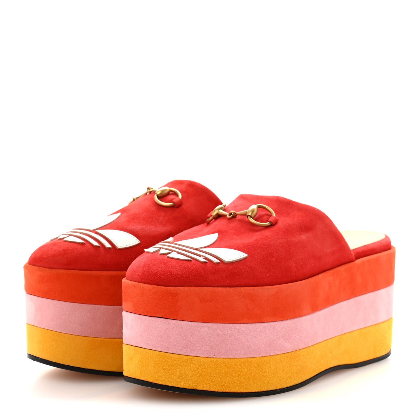 X ADIDAS Kid Scamosciato Quentin Goatskin Trefoil Embroidered Horsebit Platform Mules 36.5 Red Multicolor