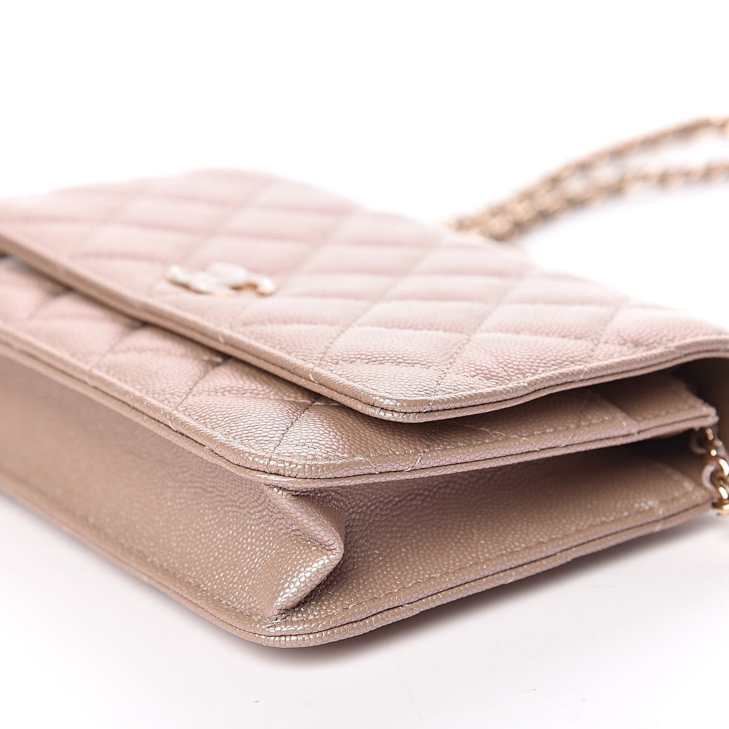 Iridescent Caviar Quilted Wallet On Chain WOC Beige