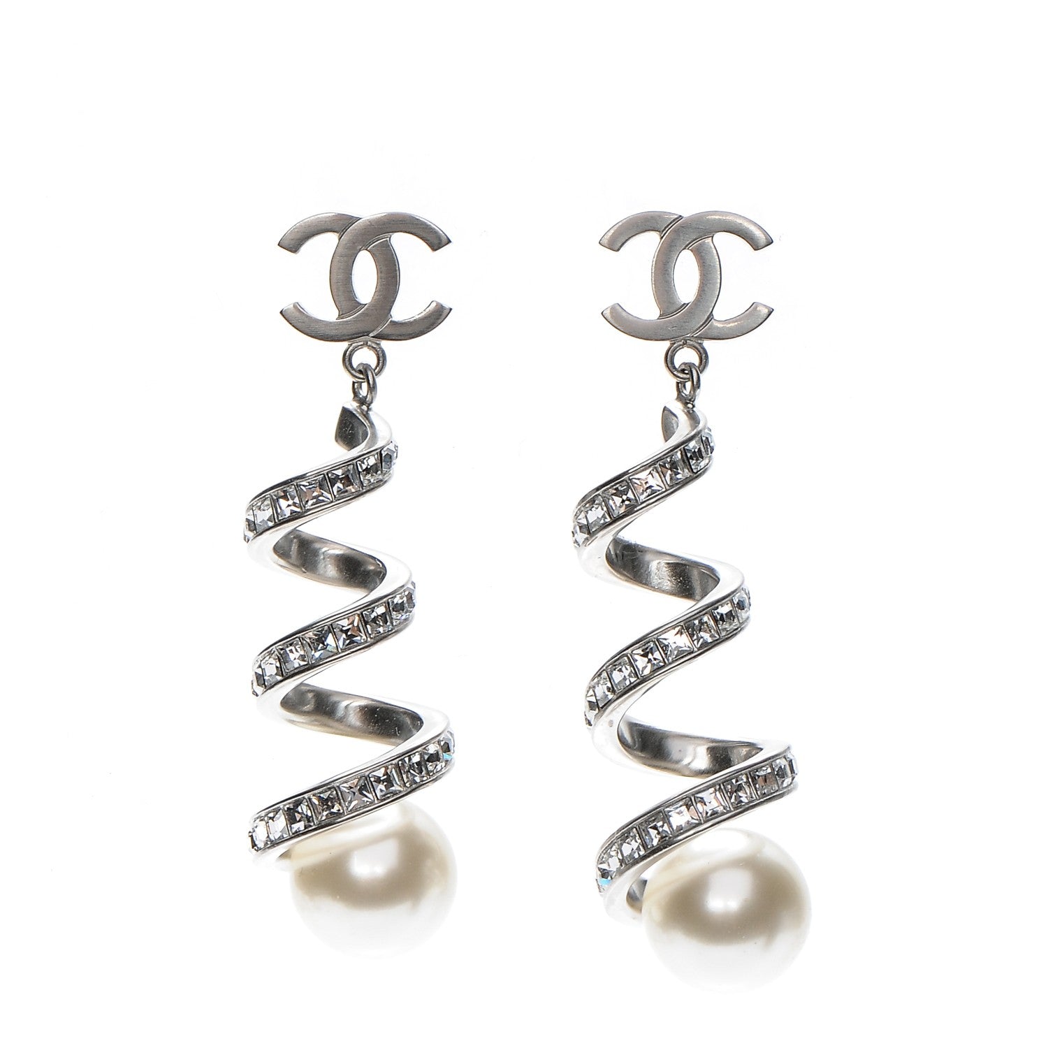 Chanel Pearl Crystal CC Drop Earrings Silver 1 of 4