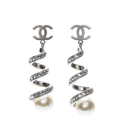 Chanel Pearl Crystal CC Drop Earrings Silver 1 of 4