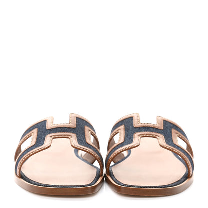Hermes Calfskin Denim Oran Sandals 38.5 Bleu Brut Gold 2 of 9