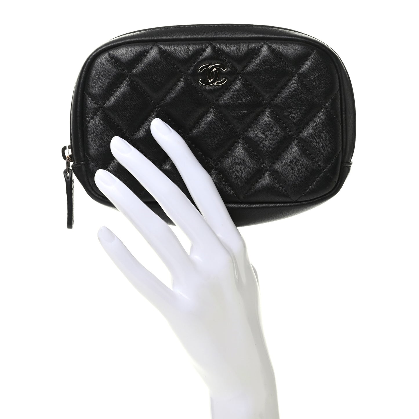 Lambskin Quilted Small Curvy Pouch Cosmetic Case Black
