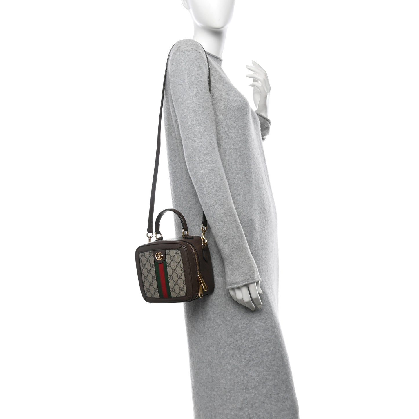GG Supreme Monogram Textured Dollar Calfskin Mini Ophidia Top Handle Square Shoulder Bag Beige Ebony New Acero