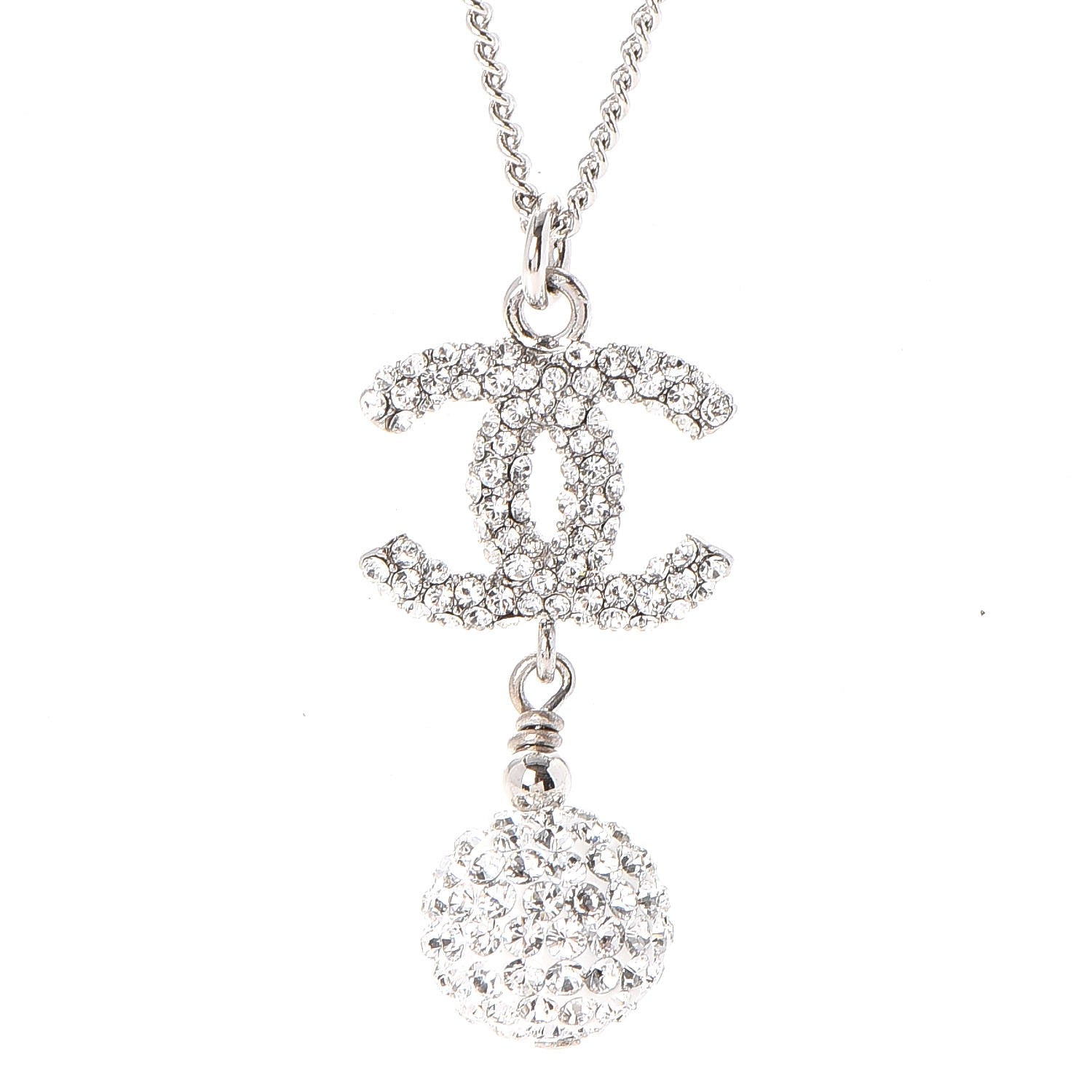 Chanel Crystal CC Ball Pendant Necklace Silver 4 of 6