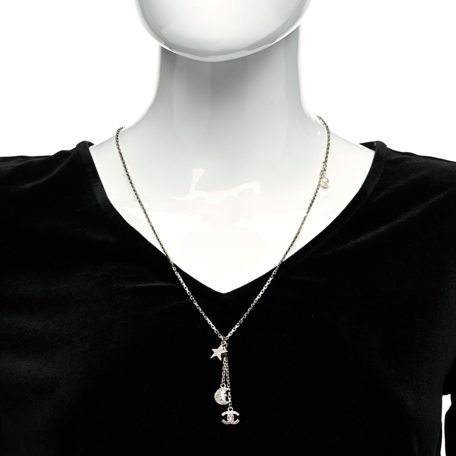 Chanel Crystal Pearl CC Moon Star Drop Necklace Gold 2 of 5