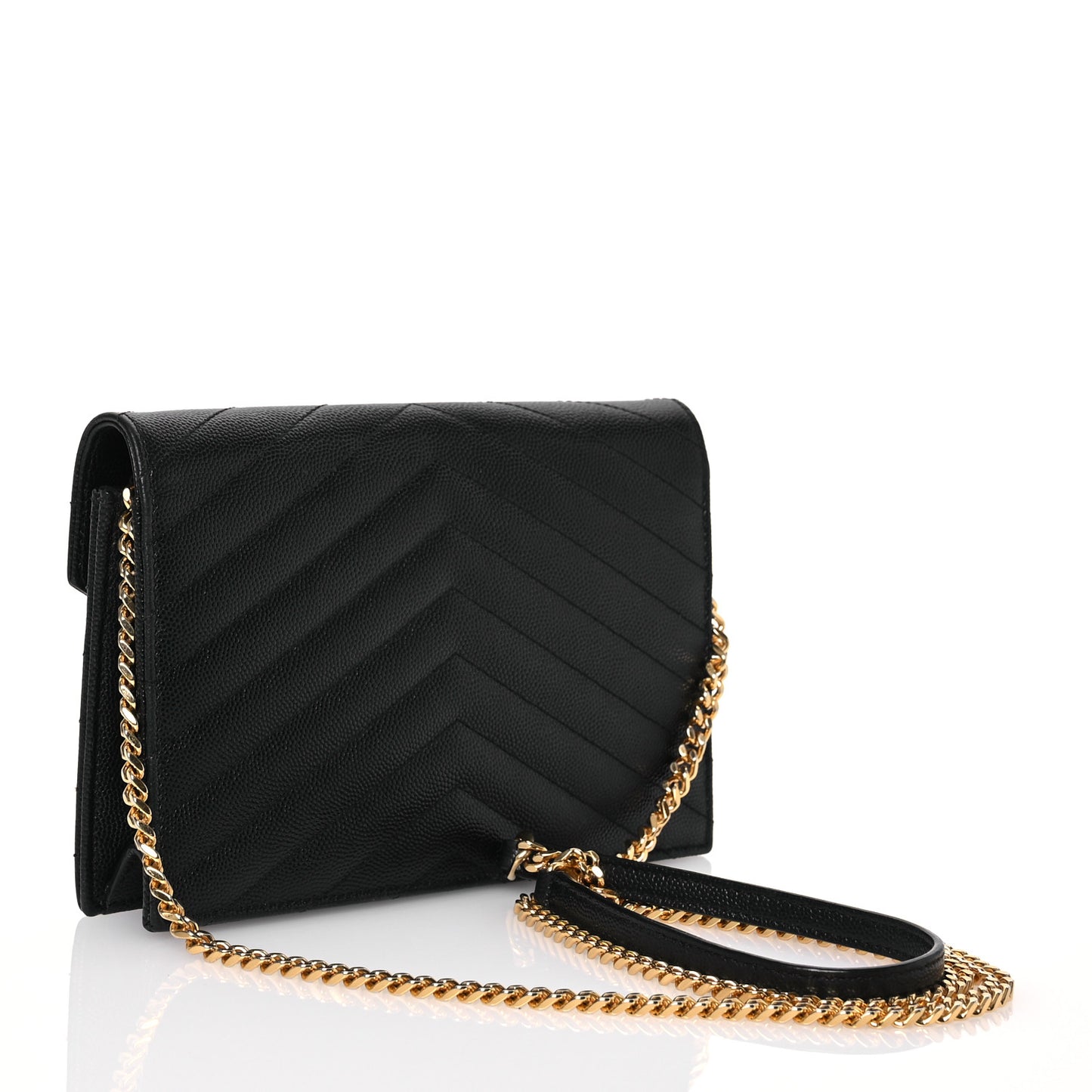 Grain De Poudre Matelasse Chevron Monogram Envelope Chain Wallet Black