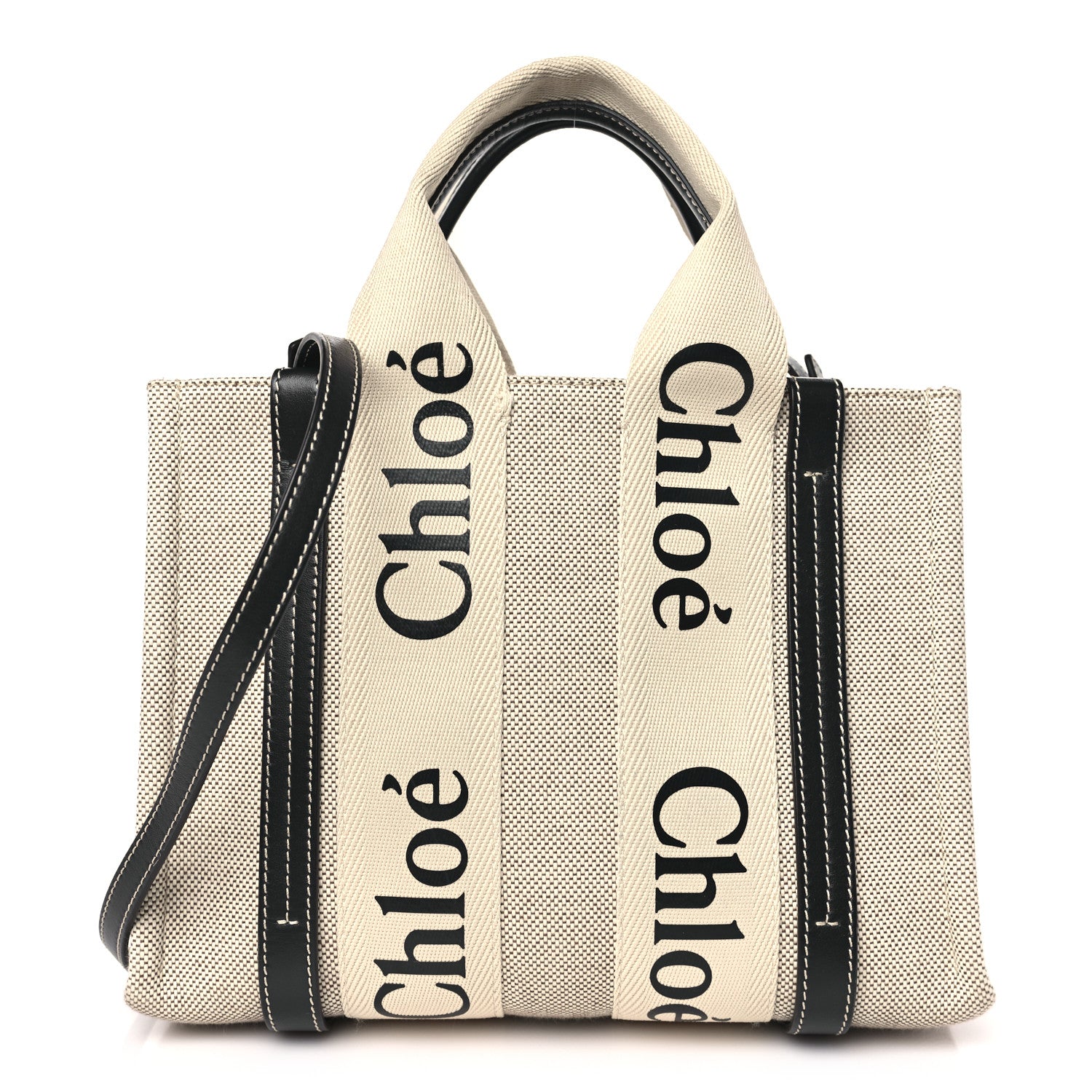 Chloe Cotton Calfskin Small Woody Ribbon Tote With Strap White Navy 1 of 8