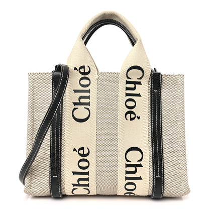 Chloe Cotton Calfskin Small Woody Ribbon Tote With Strap White Navy 1 of 8
