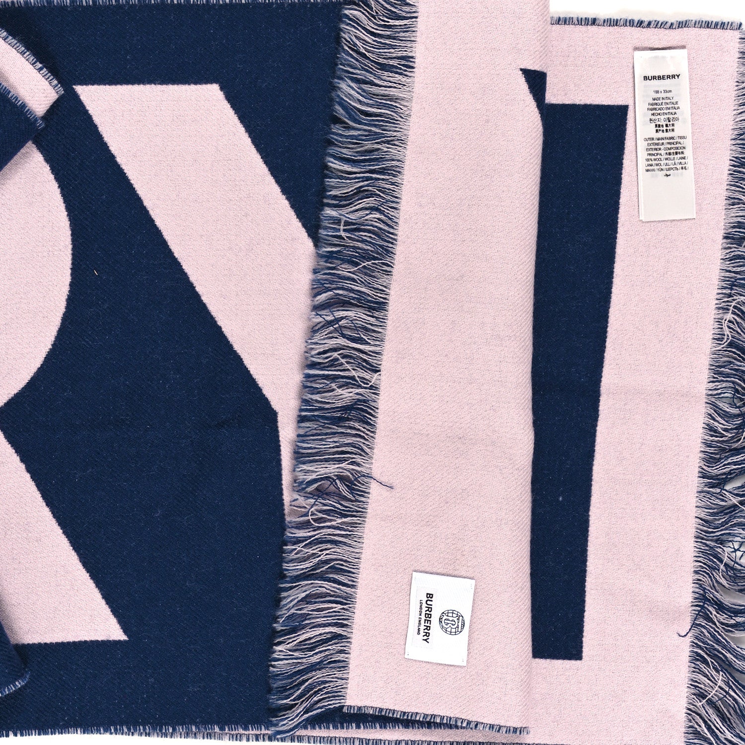 Burberry Wool Silk Logo Football Scarf Navy Pink 3 of 3