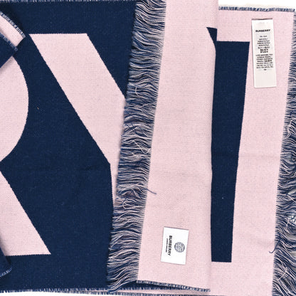 Burberry Wool Silk Logo Football Scarf Navy Pink 3 of 3