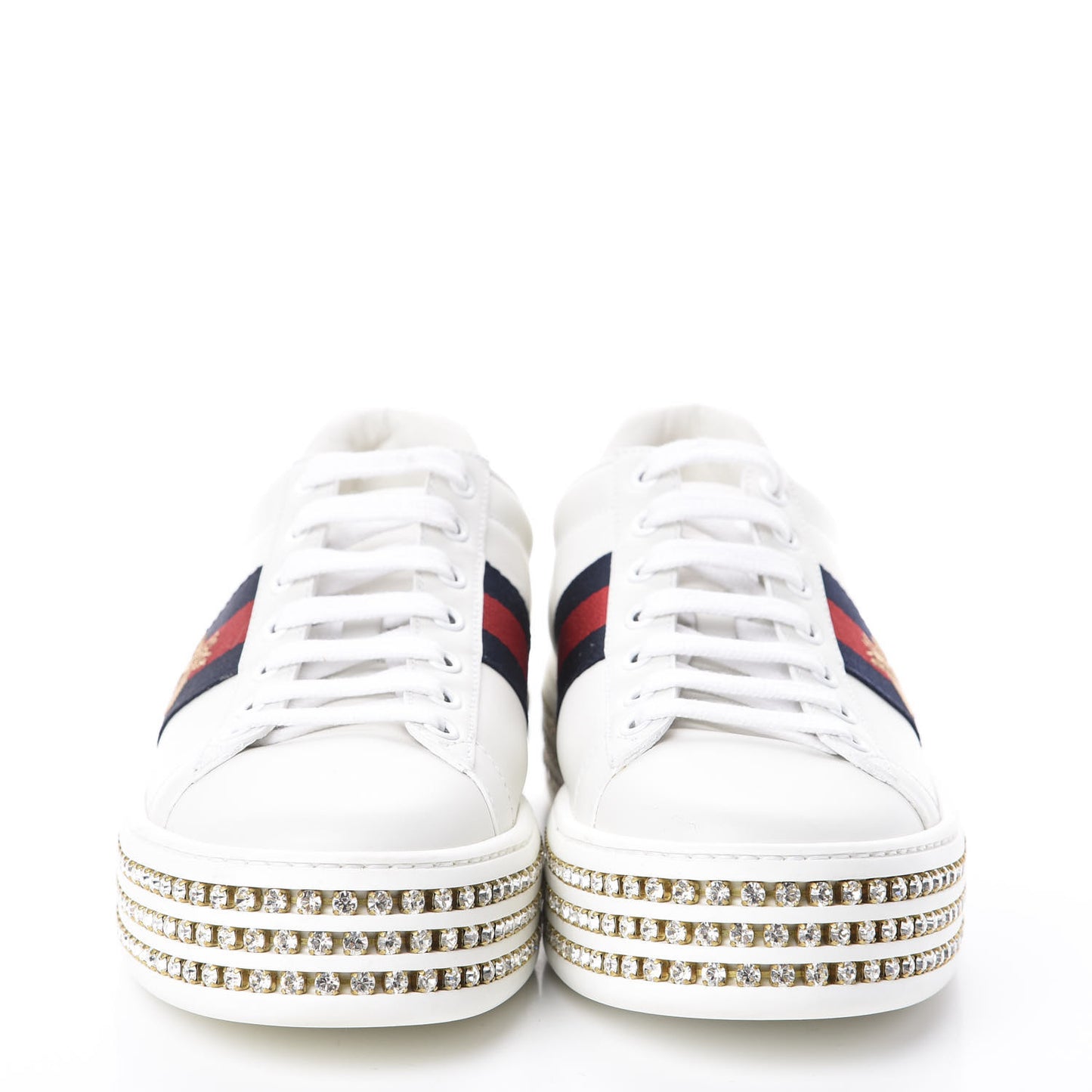 Calfskin Crystal Web Bee Embroidered Womens Ace Platform Sneakers 37.5 White