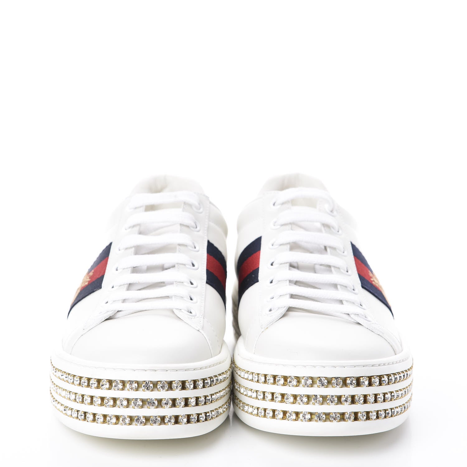 Gucci Calfskin Crystal Web Bee Embroidered Womens Ace Platform Sneakers 37.5 White 2 of 7