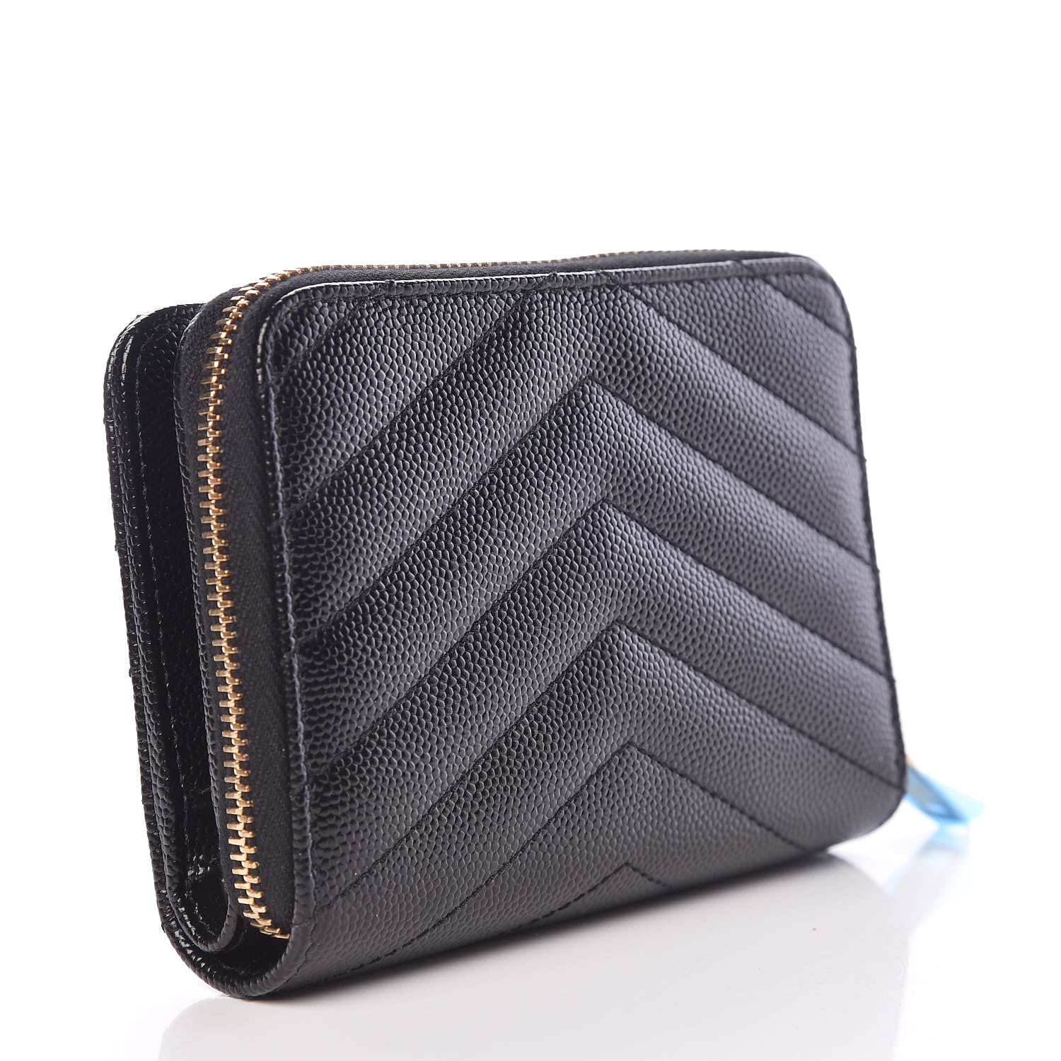 Saint Laurent Grain De Poudre Matelasse Chevron Monogram Compact Zip Around Wallet Black 3 of 8