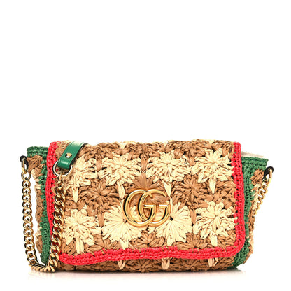 Gucci Raffia Azalea Calfskin Crochet Flower Small GG Marmont Shoulder Bag Natural Ecru Green Red New Shamarock 1 of 13