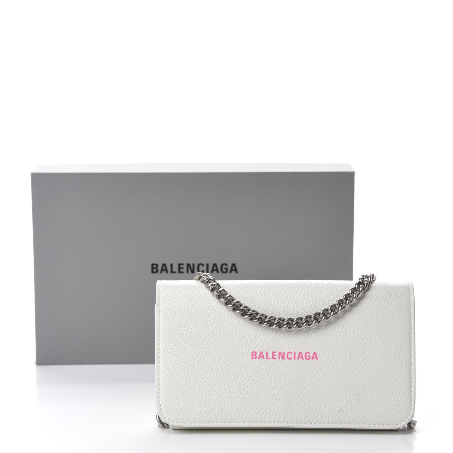 Balenciaga Grained Calfskin Logo Cash Phone Holder Wallet On Chain White Fluo Pink 12 of 12