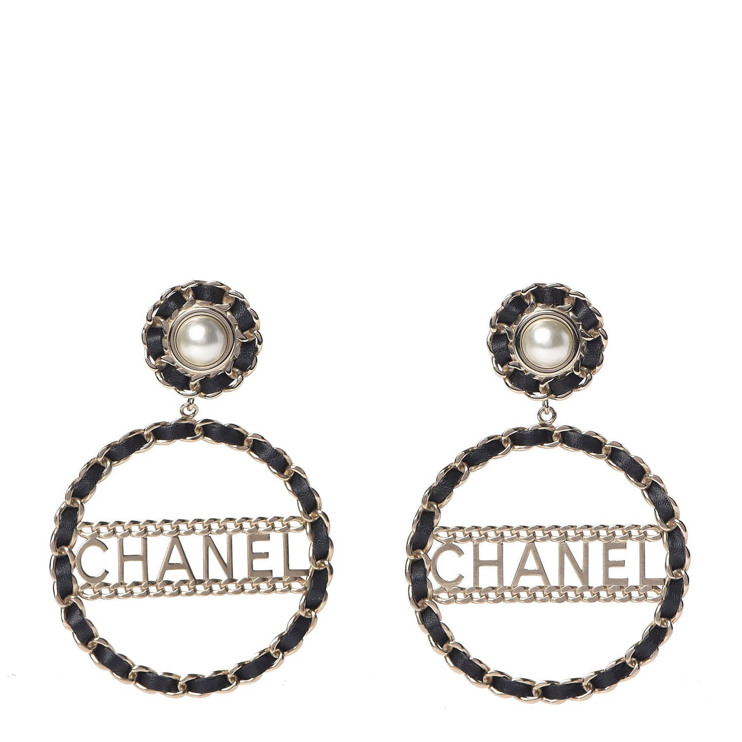 Pearl Lambskin Chain Logo Hoop Clip On Earrings Black Gold