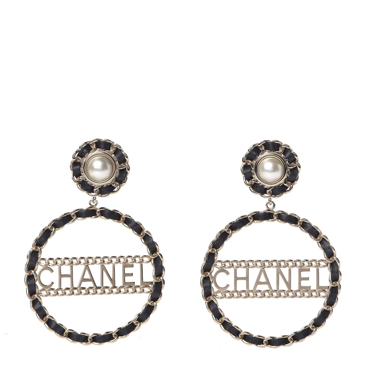 Chanel Pearl Lambskin Chain Logo Hoop Clip On Earrings Black Gold 1 of 7