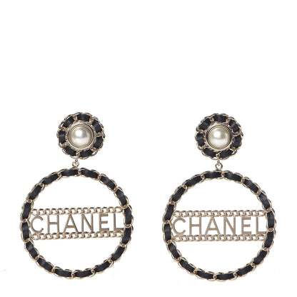 Chanel Pearl Lambskin Chain Logo Hoop Clip On Earrings Black Gold 1 of 7
