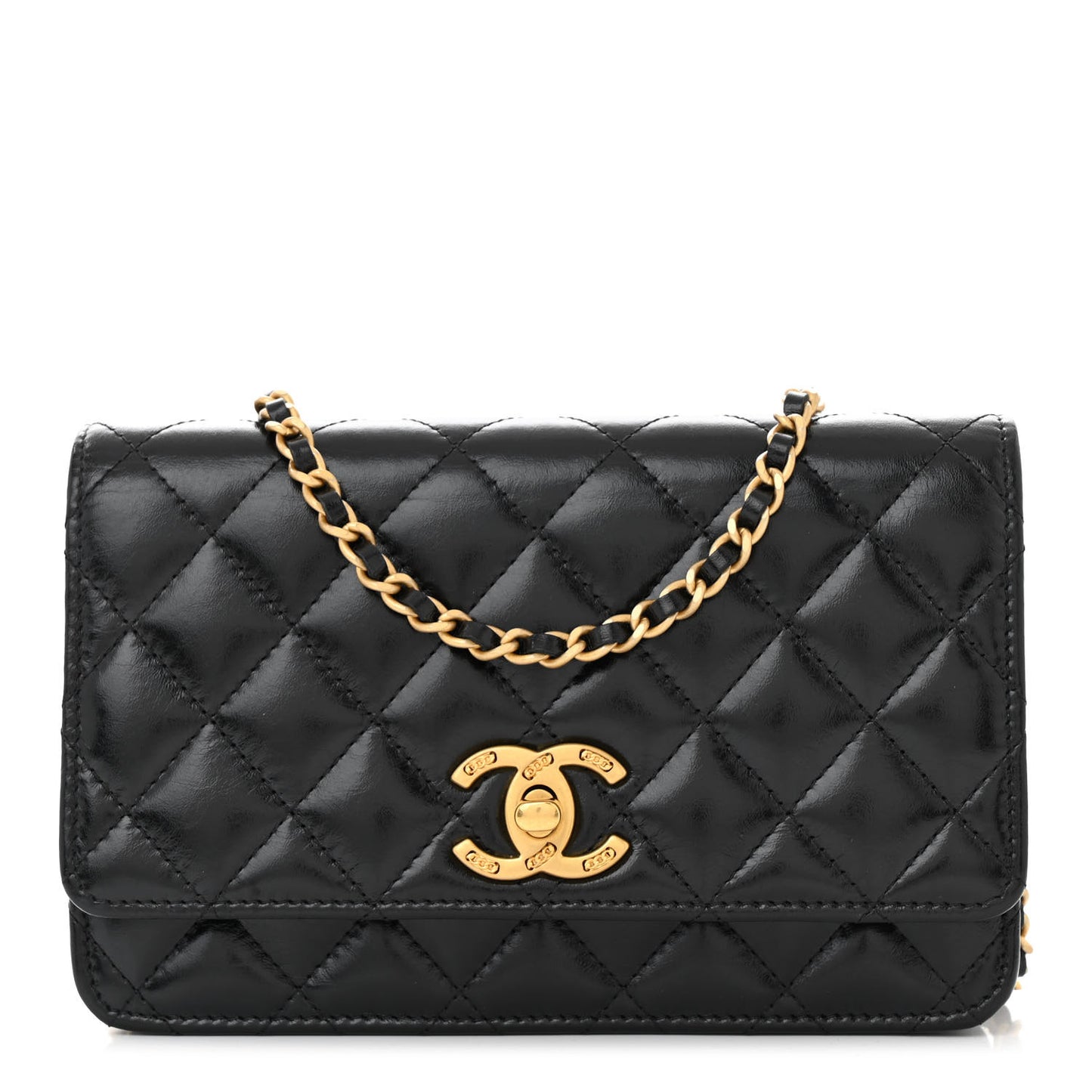 Shiny Calfskin Quilted Wallet On Chain WOC Black