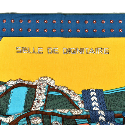 Hermes Cashmere Silk Selle De Dignitaire Scarf 140 Jaune Vif Marine 3 of 5