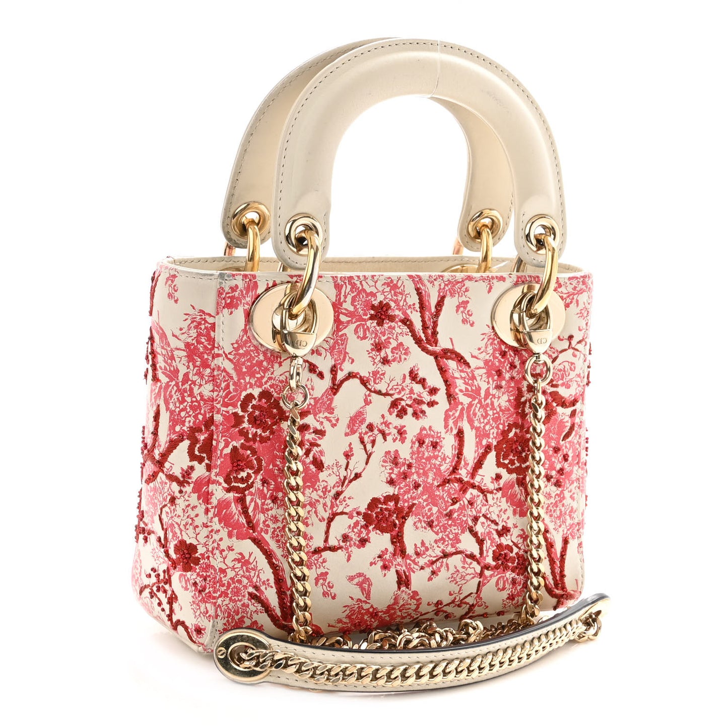 Lambskin Embroidered Floral Toile de Jouy Mini Lady Dior White Red