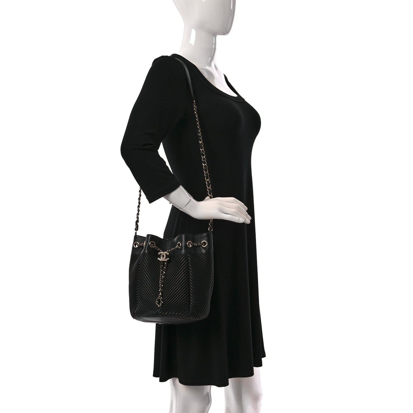 Lambskin Chevron Drawstring Bag Black