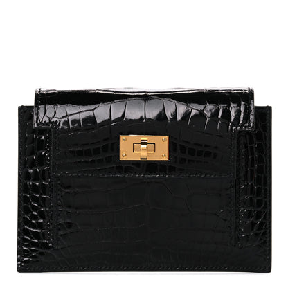 Hermes Shiny Alligator Kelly Pocket Compact Wallet Black 1 of 8