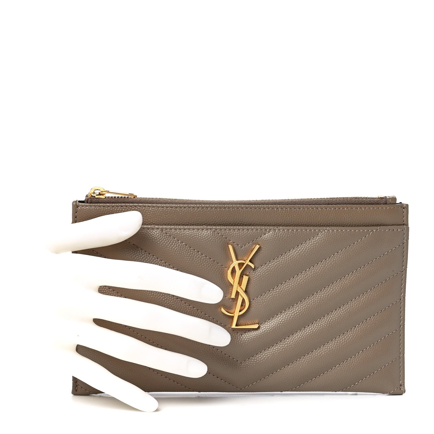 Saint Laurent Grain De Poudre Chevron Monogram Bill Pouch Dusty Grey 2 of 12