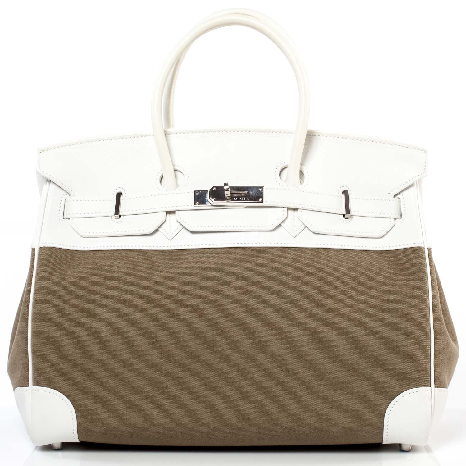 Hermes Swift Toile Birkin 35 Blanc Vert Miliatire 1 of 11