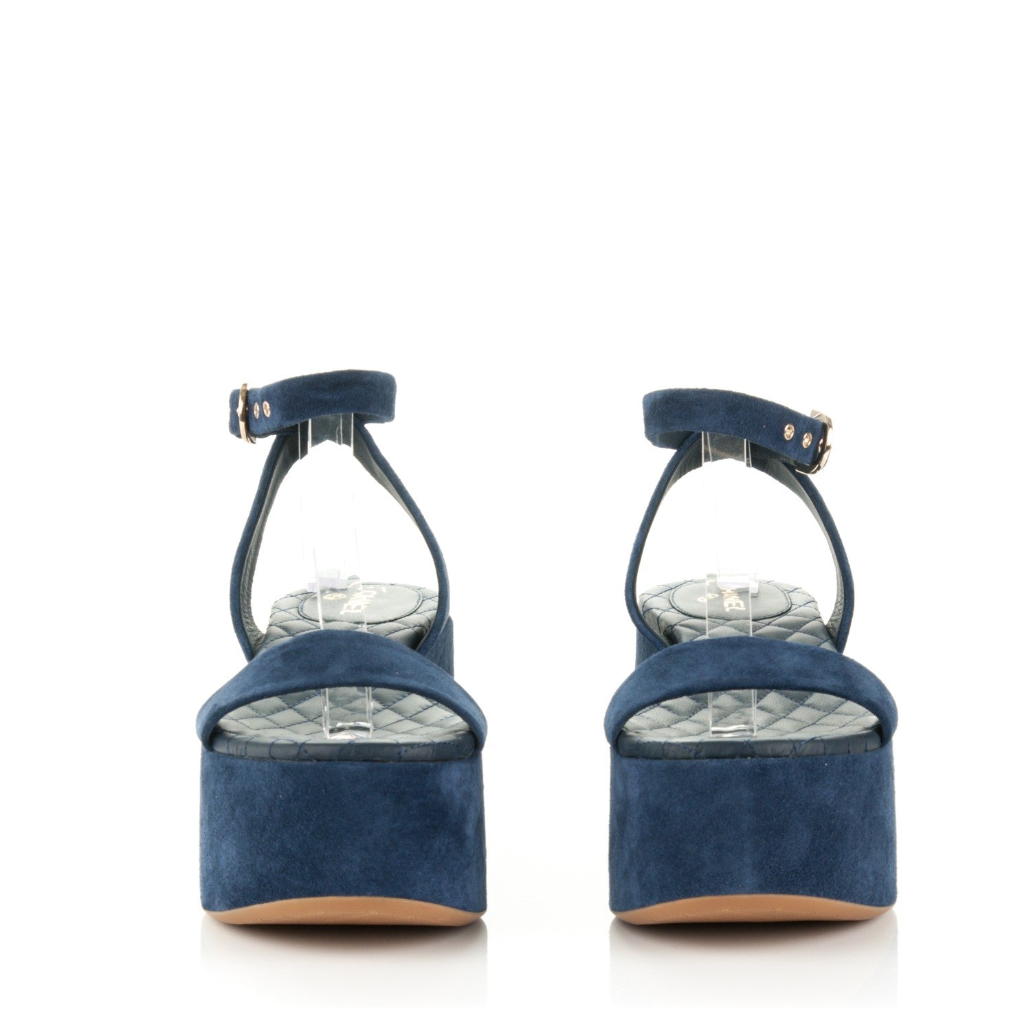 Chanel Suede Calfskin Platform Wedge Sandals 37.5 Blue 2 of 8