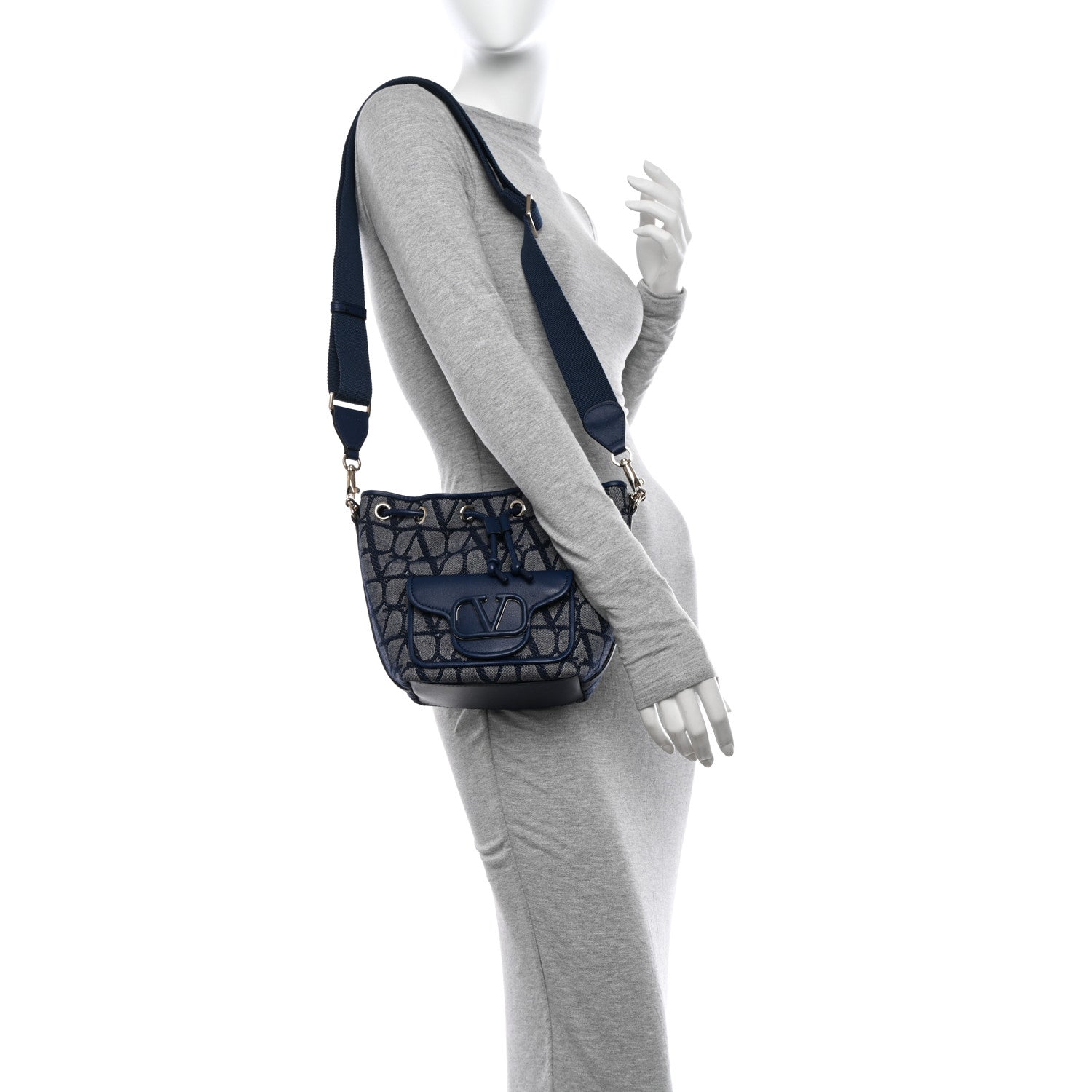 Valentino Garavani Toile Iconographe Nappa Vlogo Small Loco Drawstring Bucket Bag Melange Denim Worker 2 of 11