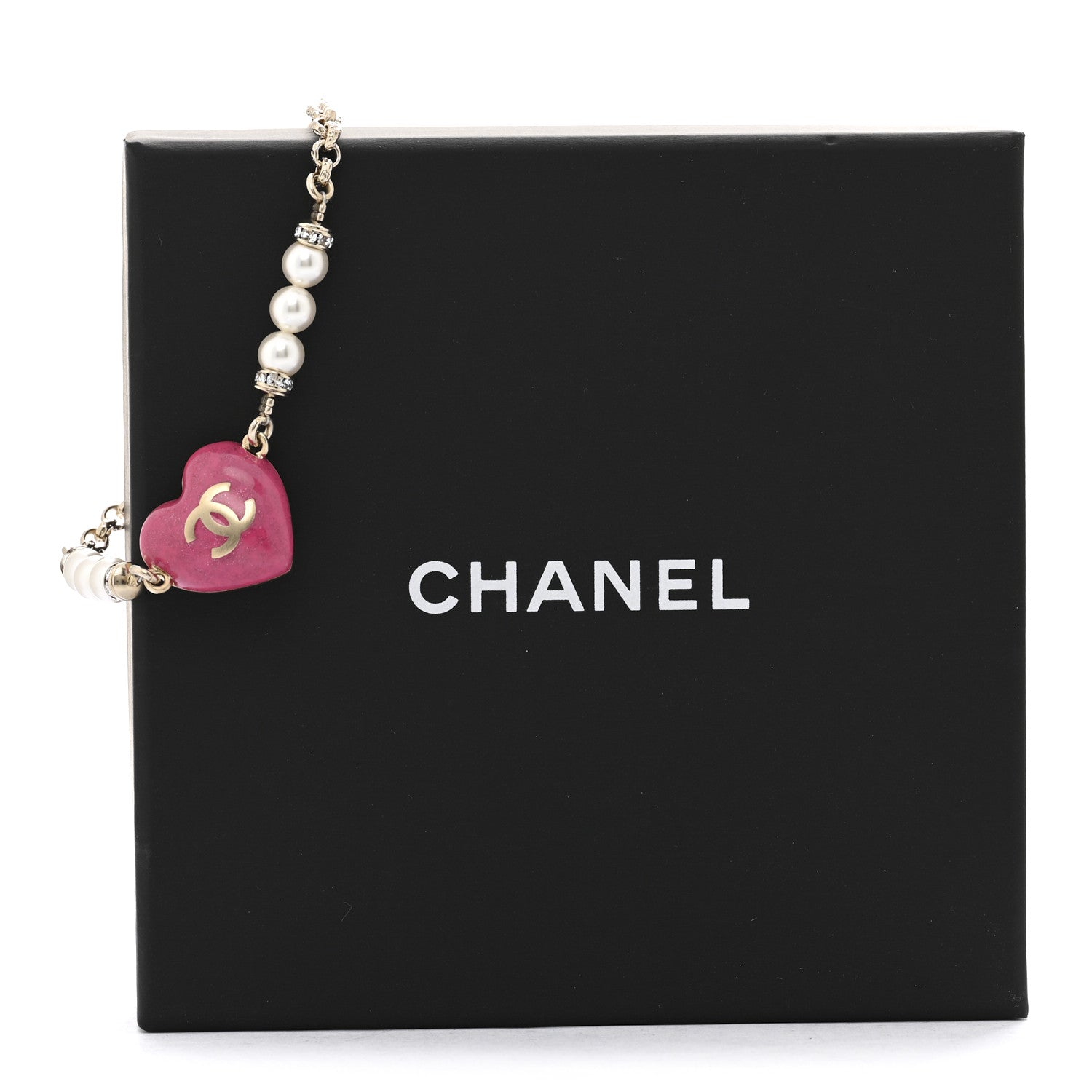 Chanel Resin Crystal Pearl Chain Heart CC Bracelet Pink White Gold 5 of 5