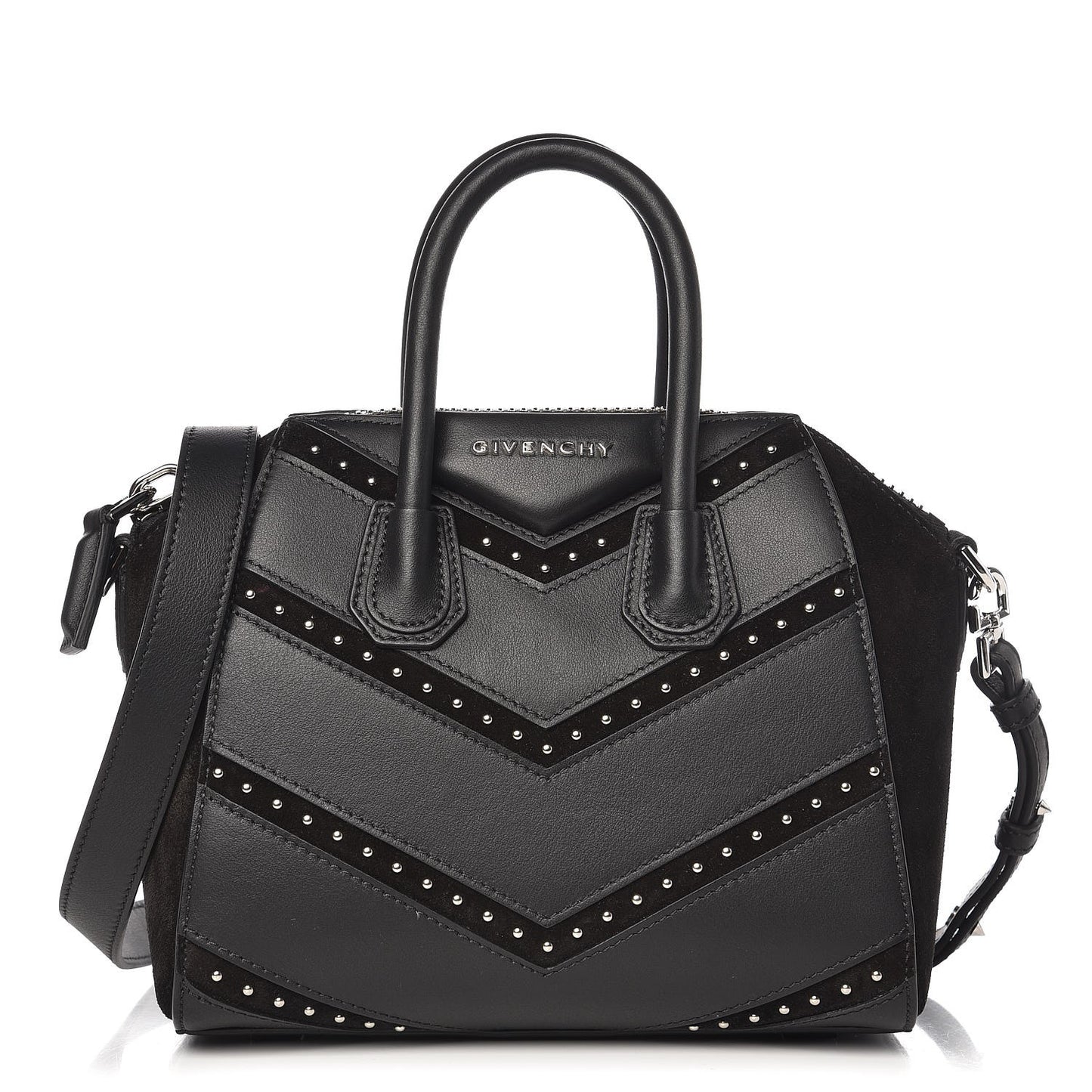 Calfskin Suede Mini Studded Chevron Antigona Black