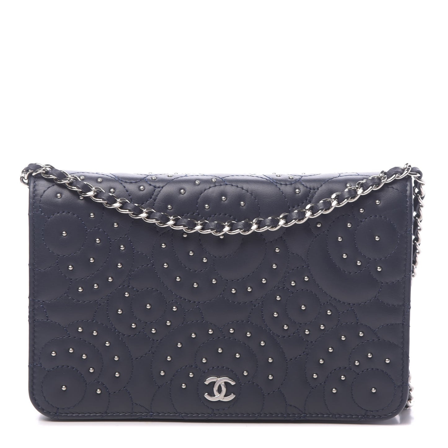 Lambskin Camellia Studded Wallet on Chain WOC Navy
