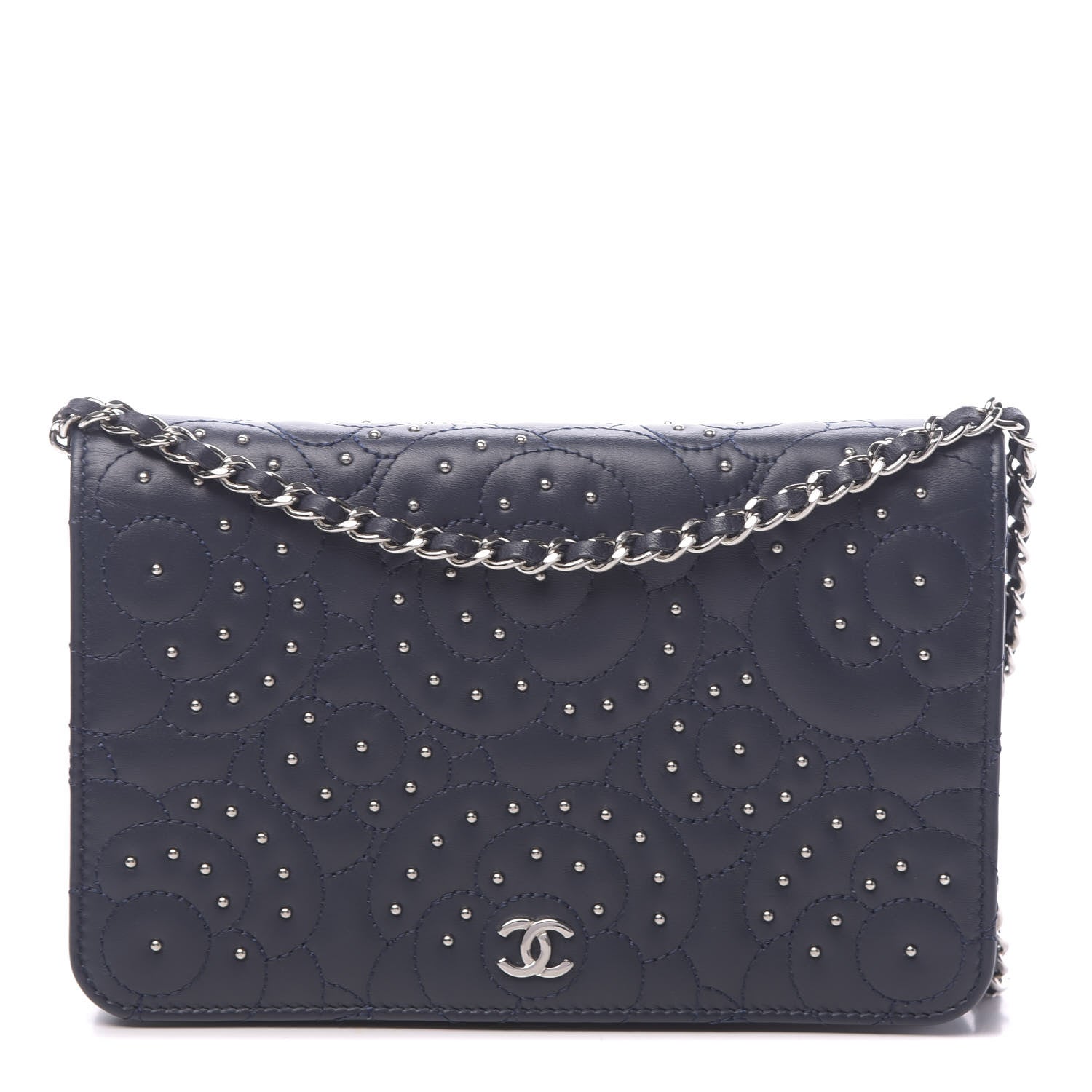 Chanel Lambskin Camellia Studded Wallet on Chain WOC Navy 1 of 12