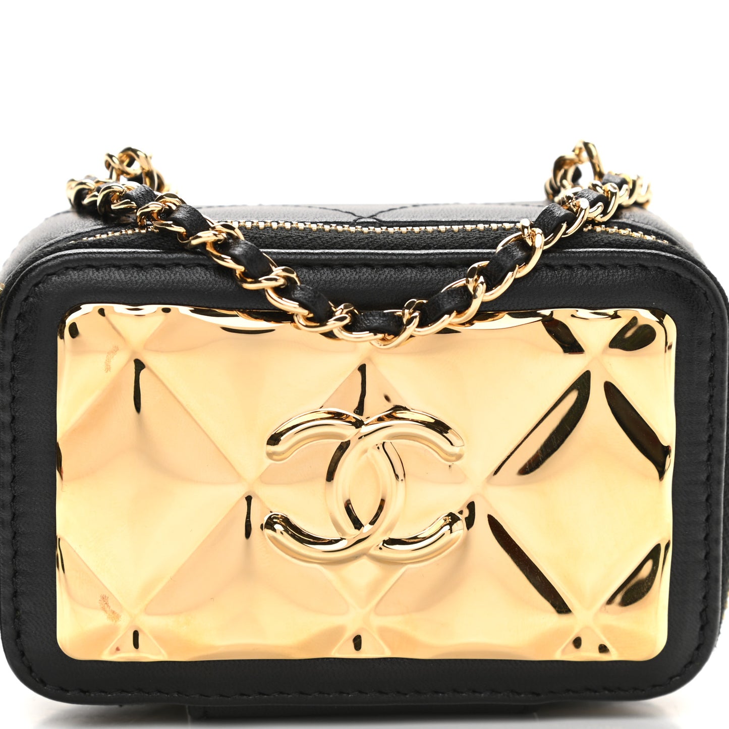 Lambskin Metal Quilted Extra Mini Vanity Case With Chain Black Gold