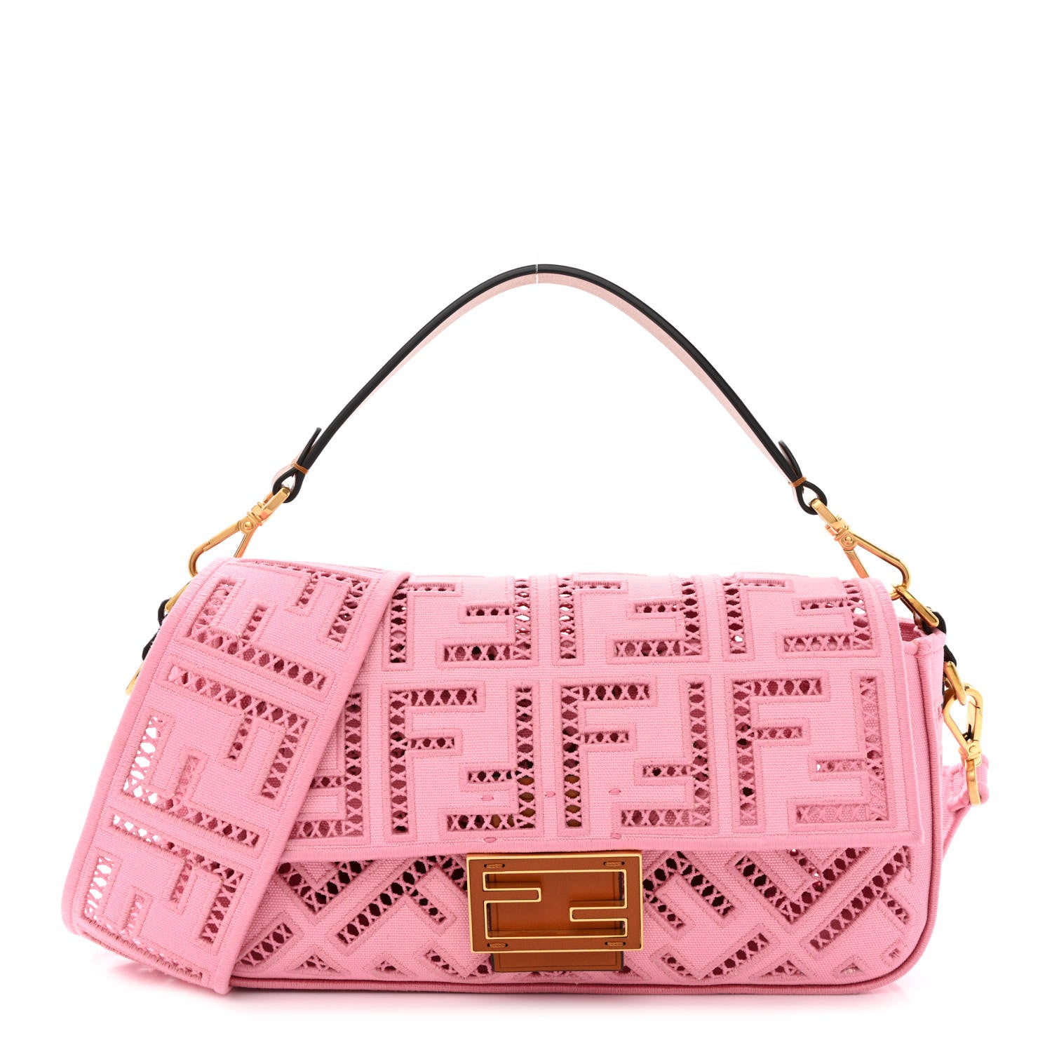 Fendi Canvas Cuoio Agata FF Ajour Embroidered Baguette Ciclamino Cuoio 1 of 12