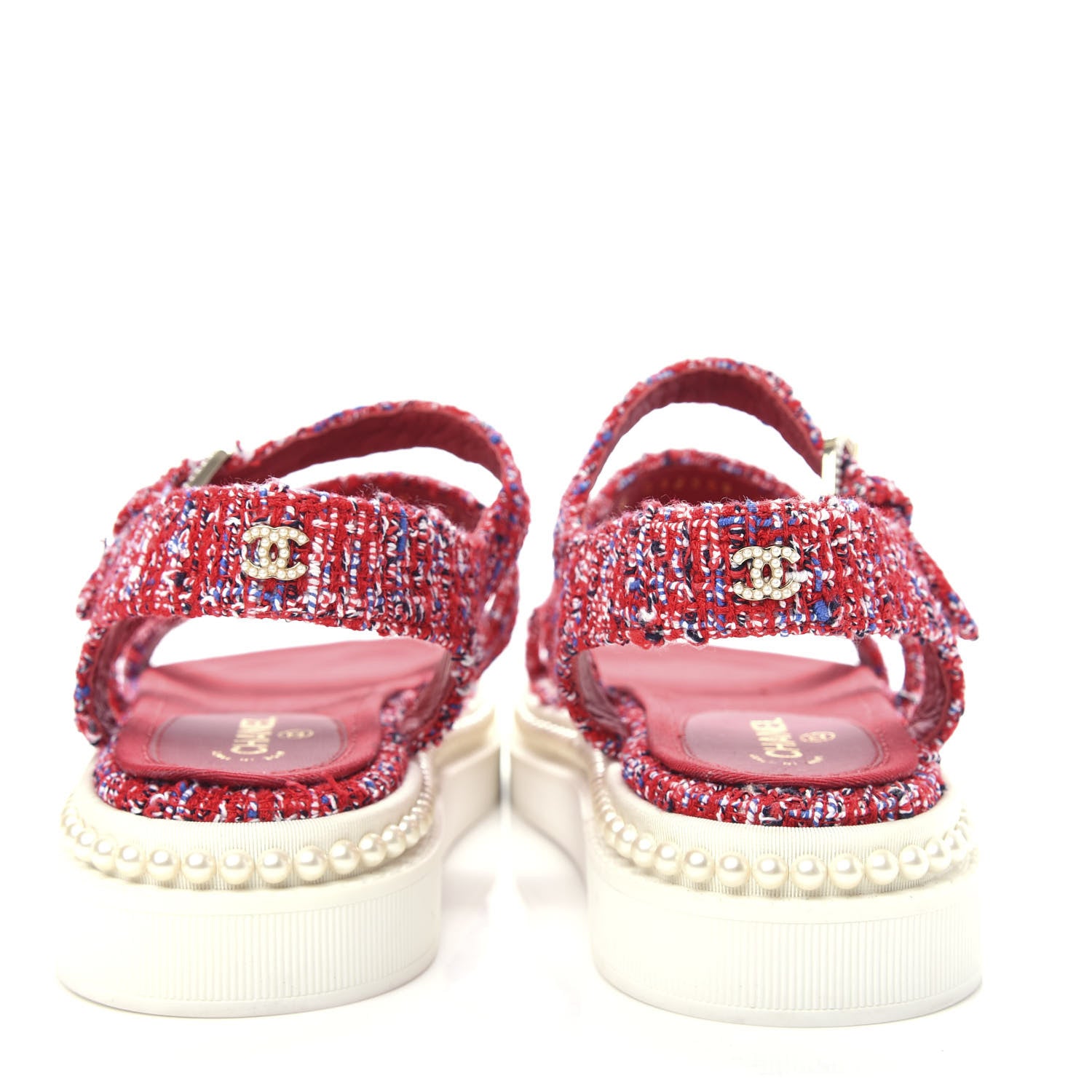 Chanel Tweed Pearl Flat Sandals 36.5 Red 7 of 10