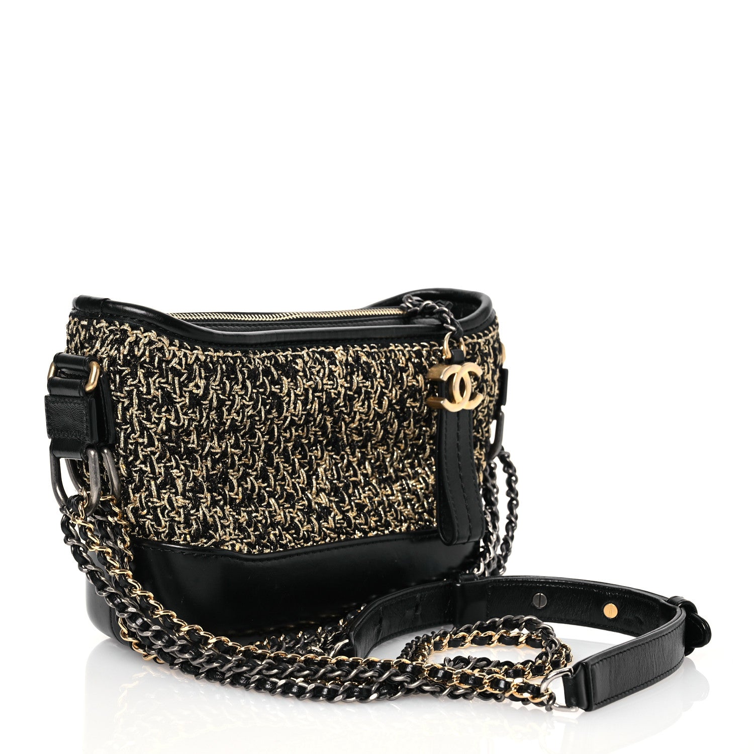 Chanel Tweed Calfskin Quilted Small Gabrielle Hobo Black Gold 3 of 14