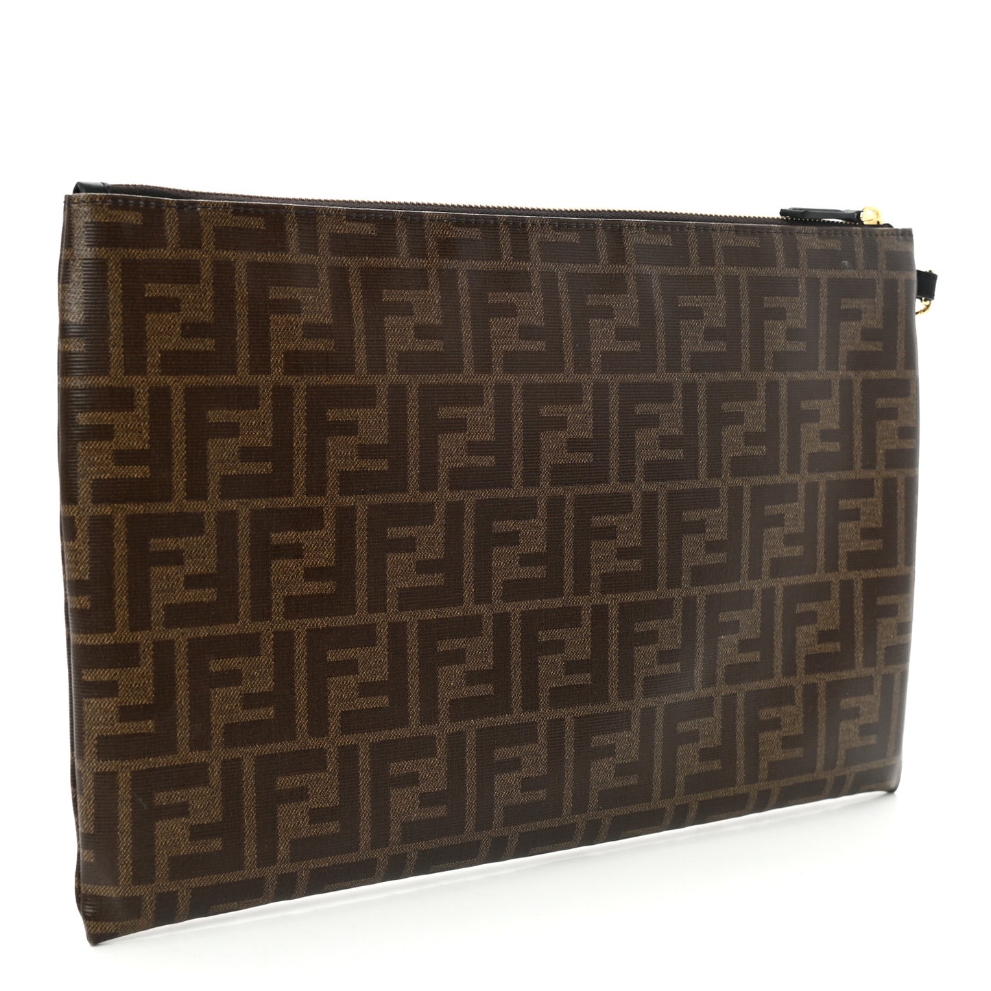 Glazed Fabric Vitello Century FF 1974 Stamp Patch Large Flat Pouch Mogano Panna Black