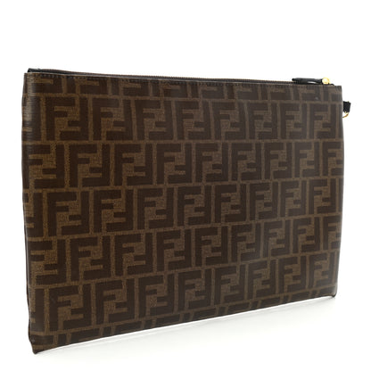 Fendi Glazed Fabric Vitello Century FF 1974 Stamp Patch Large Flat Pouch Mogano Panna Black 3 of 7